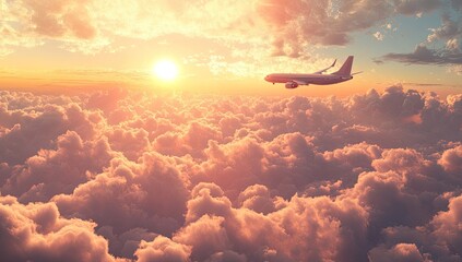 A plane flying high in the sky, with beautiful sunset clouds below. The sun is setting behind it and casting warm hues across the scene.