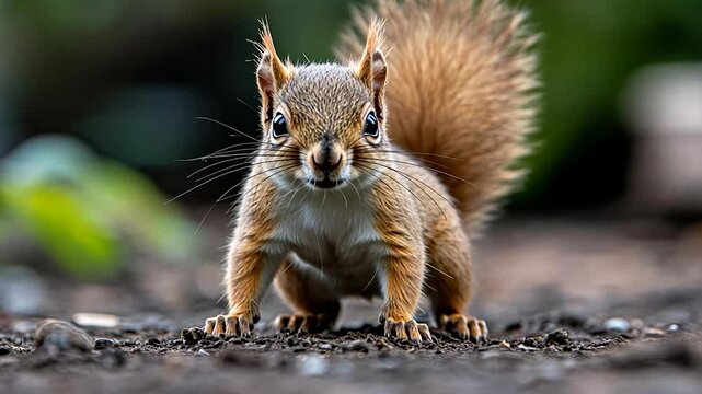 Close-up of a red squirrel standing on dark brown soil, looking directly at the camera.  The squirrel's fur is reddish-brown, its tail is bushy, and its eyes are bright. The background is blurred but