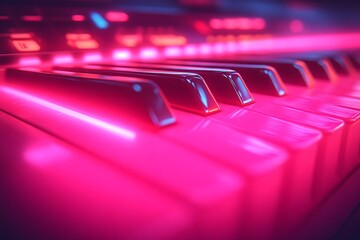 A closeup of illuminated piano keys with red and pink lighting