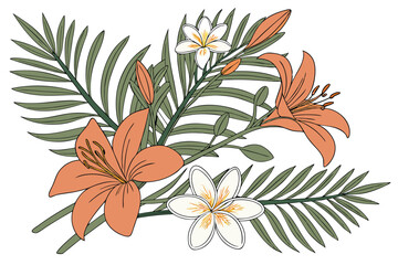 70 Botanical illustration, tropical floral arrangement, orange lilies, white plumeria flowers, daisies, palm leaves, green foliage, elegant composition, vintage botanical art style, soft pastel colors