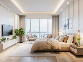 A cozy bedroom with a bed, TV, comfy chairs, and a large window