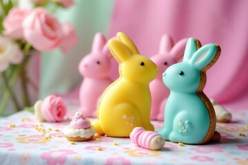 Decorated bunny-shaped treats on a table with pastel tablecloth , spring, easter