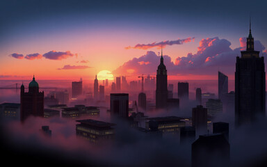 A breathtaking sunset paints the sky vibrant hues of orange and purple as a city skyline emerges from a thick layer of fog.  Tall buildings stand silhouetted against the fiery backdrop.