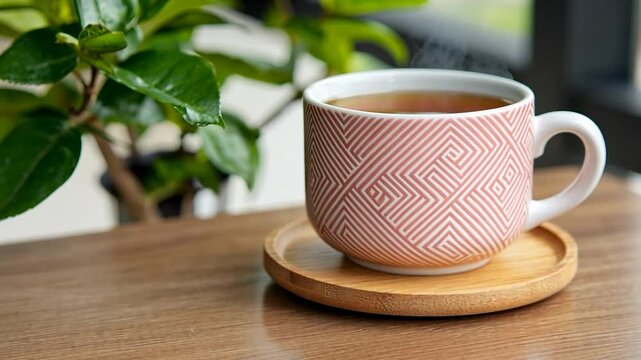 A pink teacup with a geometric pattern rests on a wooden coaster next to a green plant. Soft natural light illuminates the scene, creating a calm and peaceful atmosphere