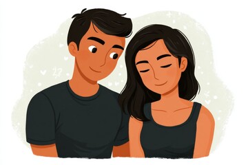 Fototapeta premium Emotional connection between a young couple sharing a moment of affection with smiles and warmth captured in a colorful nostalgic sketch emphasizing intimacy and supportive bonds