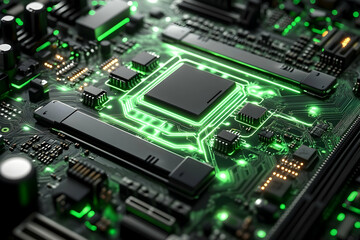 Green glowing circuit board technology close up