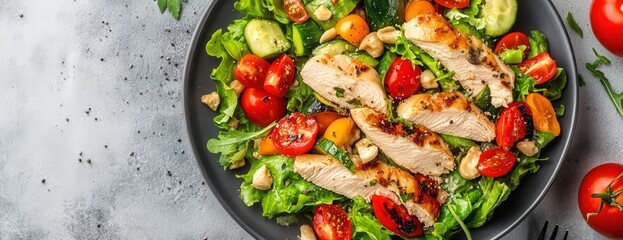 A plate with chicken salad, tomatoes, cucumbers, and lettuce