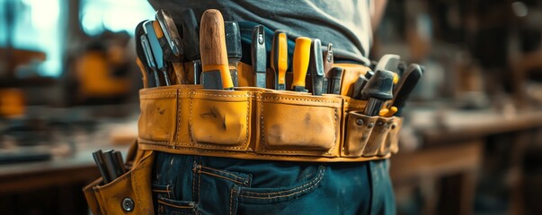 A tool belt filled with essential carpenter tools, showcasing the craftsmanship and dedication to woodworking skills in action.