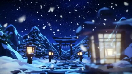 Snowy mountain path illuminated by lanterns - Powered by Adobe