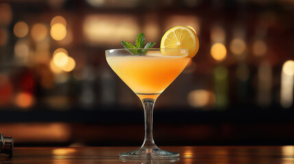 A sidecar cocktail in a bar glass with fresh lemon and mint, perfect for an elegant drink