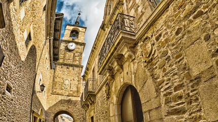 Obraz premium Torre del Reloj, 16th Century Clock Tower, Arco de las Eras, Old Town, Ponferrada, León Province, Castilla y León, Spain, Europe
