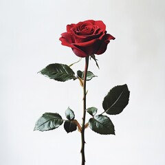A realistic photograph of an elegant red rose, with dark green leaves and stem, centered on a white background.