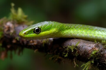 Obraz premium Green Vine Snake Resting on Mossy Branch in Lush Tropical Forest