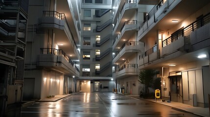 Fototapeta premium A minimalist industrial style parking garage integrated into the lower levels of a modern apartment building