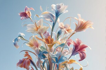 A fantasy bouquet of pastel-colored flowers with delicate petals flowing upward in soft light, forming a graceful and elegant composition.