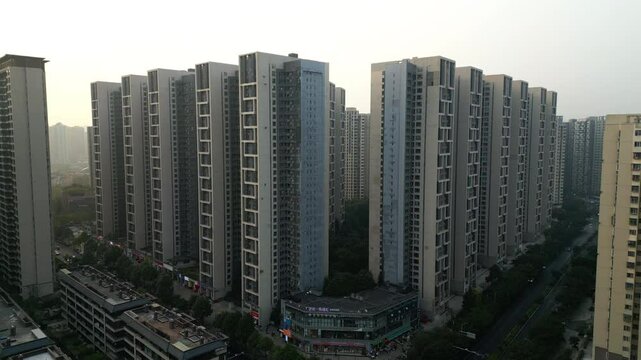 4K drone, Aerial view of High residential density in the chinese city of Chengdu, Sichuan, China