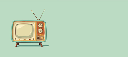 Retro tv banner with copyspace, vintage, blue white brown, eps, aqua, copy space, blank screen, editable vector drawing