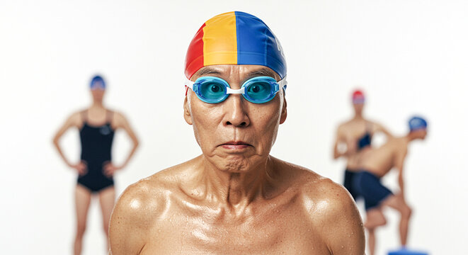 Asian Senior Man Swimmer Ready at Pool_youthful spirit - Powered by Adobe