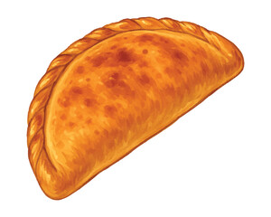 Vector illustration of a traditional Calzone pizza with golden crust. Isolated from light background. Ideal for food menus, branding, packaging, restaurant design and so on.