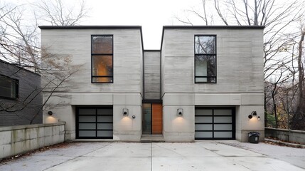 Fototapeta premium A sleek and contemporary residential building featuring a minimalist design integrated garage and symmetrical framing with natural tones and materials