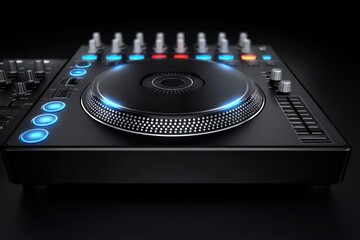 Fototapeta premium Modern digital turntable with intricate control knobs and glowing buttons showcasing advanced audio technology in a sleek black design reflecting contemporary music culture