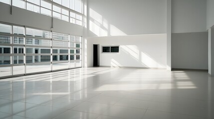 A spacious minimalist garage interior with large glass panels that allow natural sunlight to fill the room creating a clean modern and elegant design aesthetic
