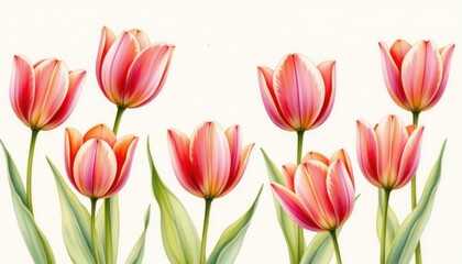 Fototapeta premium The delicate brushstrokes of the watercolor capture the intricate details of each blooming tulip, showcasing their elegant curved petals and graceful stems swaying gently in a gentle breeze