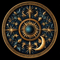 Fototapeta premium Ornate celestial pattern featu sun, moon, and stars in gold and deep blue, set against a dark background with intricate floral details and artistic design.