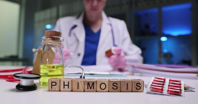 A healthcare professional examines phimosis using various tools and treatments in a clinical setting