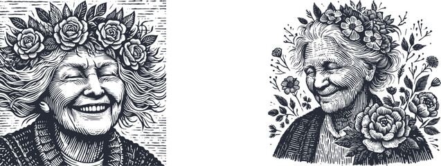 Set of Engraving Designs Featuring an Old Lady with Floral Hair, Smiling at Fond Memories – Vintage Style Line Art for Wood, and Digital Engraving Projects  clip art, ink, isolated, black-and-white
