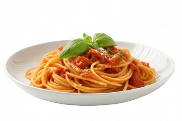 High-quality photorealistic image of spaghetti with rich tomato sauce, garnished with fresh basil, served on a white plate,  on white background, Italian cuisine.