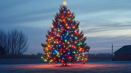 Illuminated Christmas tree in a wintry landscape at dusk.