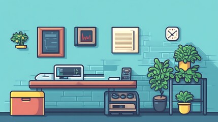 A stylized illustration of a modern minimalist office space