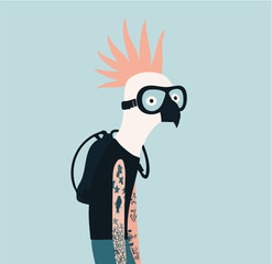 Bird, Animal Character, vector, illustration, scuba, green, street art, funny, quirky, minimalist, simple, 2d, cartoon, profile, tech, futuristic, urban, hip, hipster, animal, for gift card