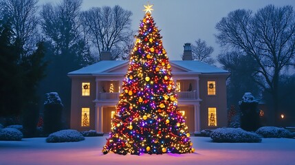 Vibrant Christmas tree illuminated outside a snow-covered house.