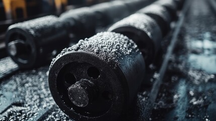 A close-up of an industrial assembly line roller, showing wear patterns on the rubberized surface