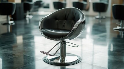 A close-up of a contemporary hair salon chair with metallic armrests and hydraulic base, placed on polished floors