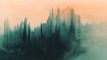 Abstract cityscape illustration with muted tones.