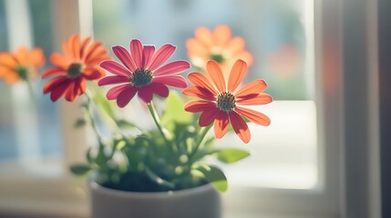 Vibrant flowers in a pot by a window.