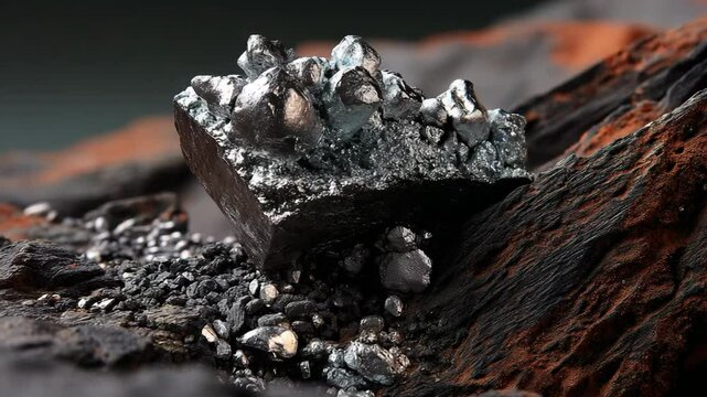 Specular silver ore minerals and small shiny stones on dark and rustic textured surface in the mining ground with hints of red soil