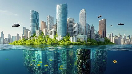 Naklejka premium Underwater cities, glowing bioluminescent buildings covered by huge transparent domes, futuristic submarines as transportation, realistic CGI scenes.