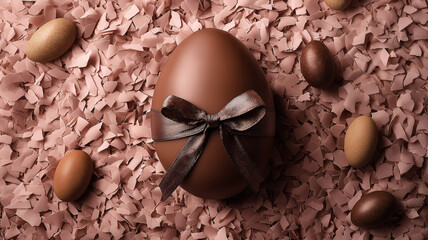 Gourmet dark chocolate Easter egg with silky ribbon bow on pastel shredded paper for display