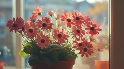 Close-up view of a bouquet of pink flowers in a pot.