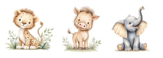 Cute cartoon animals featuring a lion, pig, and elephant in a playful setting