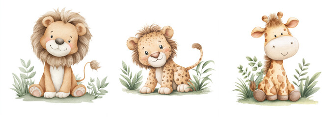 Cute cartoon animals in a playful jungle setting featuring a lion, leopard, and giraffe with tropical leaves