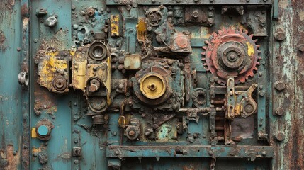 A factory machine with exposed mechanical gears and pulleys, covered in layers of rust and oil