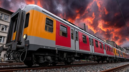 Obraz premium Vibrant train traveling through a dramatic sky at sunset