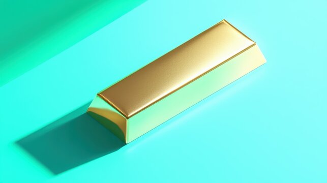 A gold bar lying diagonally across a vibrant emerald backdrop, soft gradient shadows enhancing its metallic shine - Powered by Adobe
