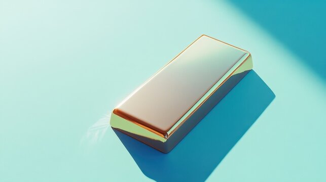 A gold bar lying flat on a pale blue background, photographed with high contrast to emphasize its golden hue