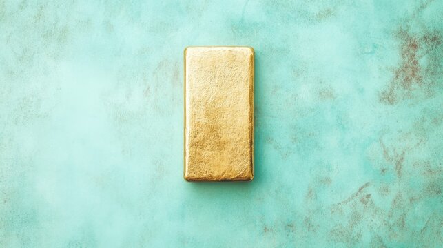 A gold bar lying flat on a pale blue background, photographed with high contrast to emphasize its golden hue